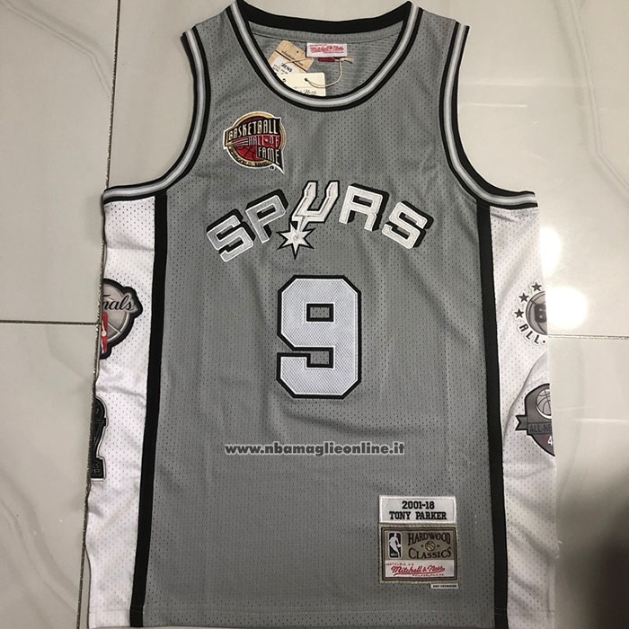 Maglia San Antonio Spurs Tony Parker #9 Hall Of Fame Mitchell & Ness 2001 Grigio